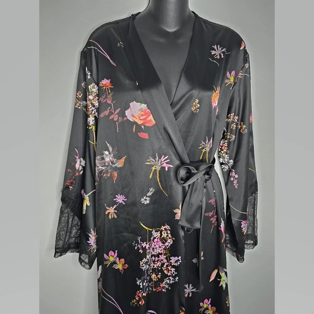 Victorias Secret Womens M/L Floral Satin Robe Kimono Sheer Lace Back with Belt‎